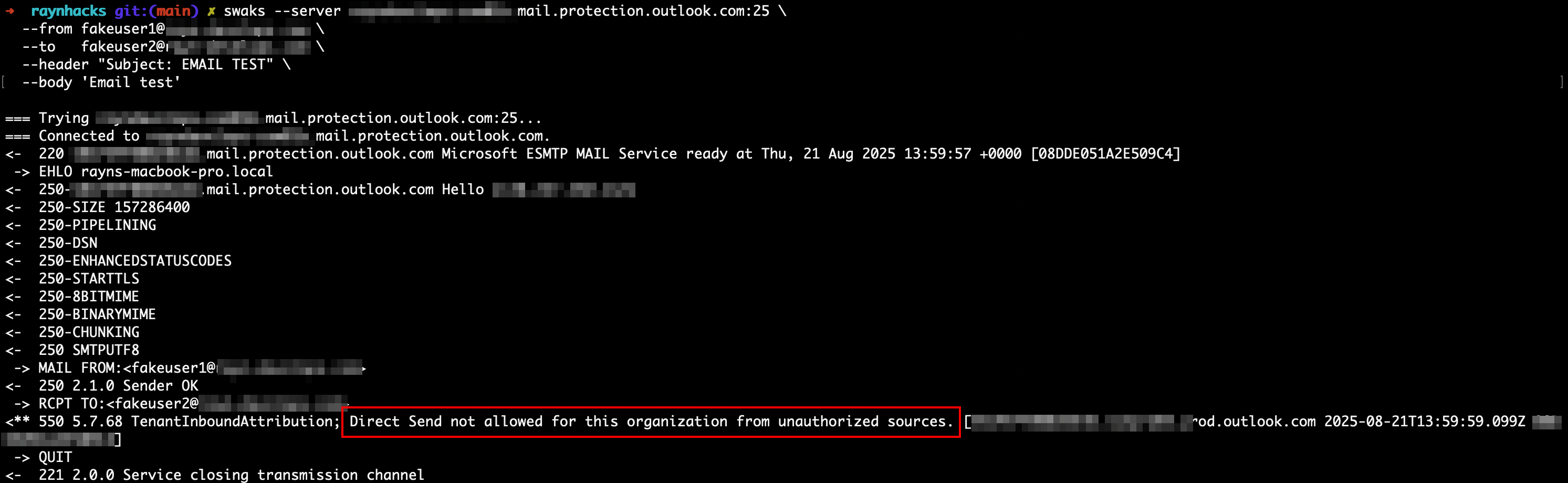 Picture of direct send erroring out with swaks and displaying its disabled